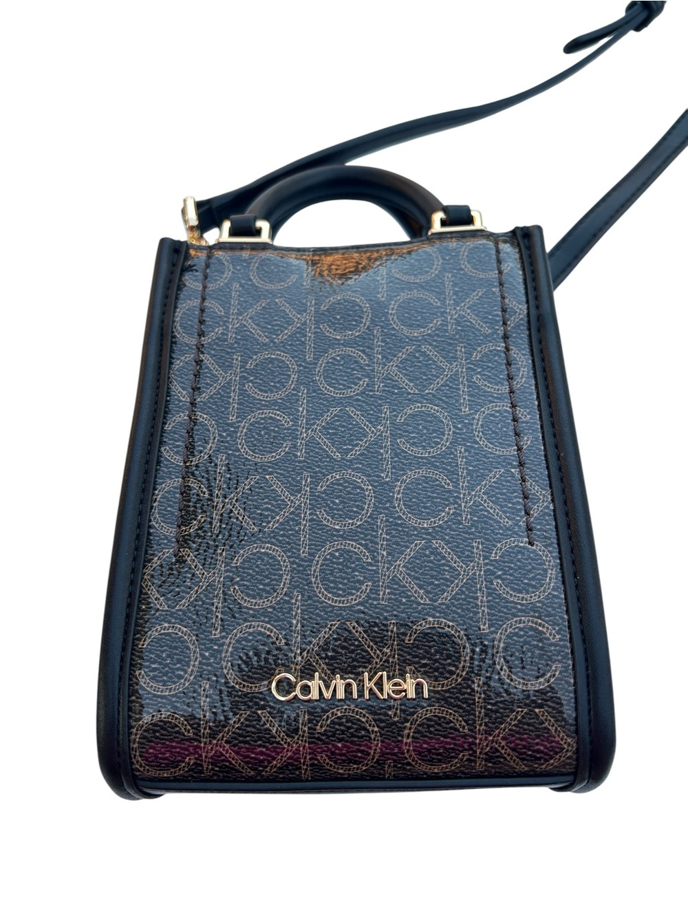 Calvin Klein Monogram Mini Top Handle Crossbody Bag Brown‎ Black Logo Purse